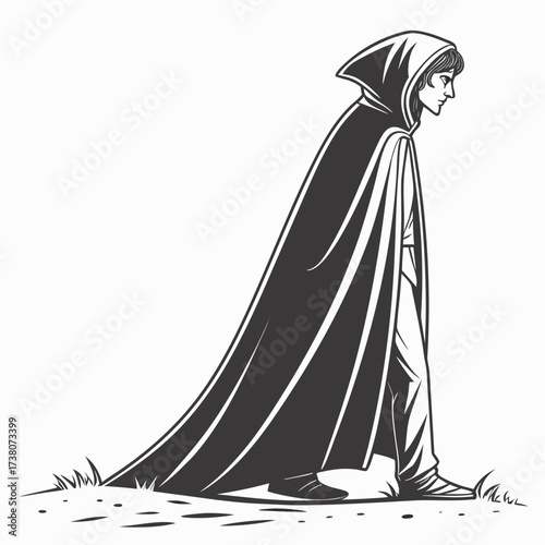 Person in long dark cloak with hood on white background