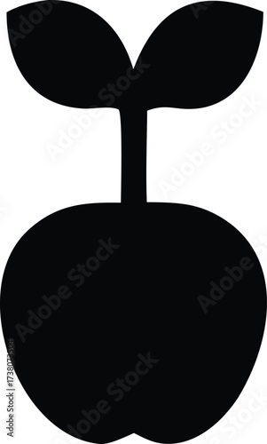 Simple silhouette of an apple with growing leaves symbolizing growth and healthy food
