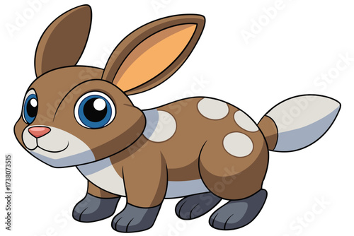 Cartoon Bunny with White Spots, Long Ears and Large Blue Eyes on White Background