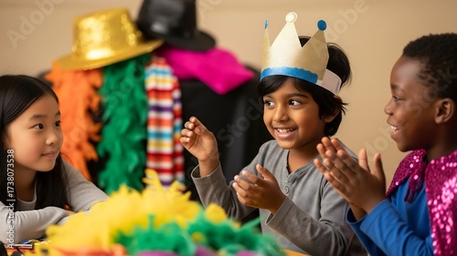 Theatrical Celebration: Diverse group of children engages in imaginative play with colorful costumes and props, embracing creativity and joy during a festive gathering.