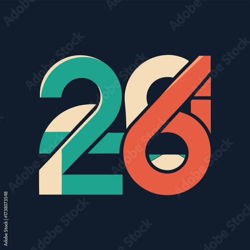 Retro style number 26 design with teal orange and cream colors on dark blue background