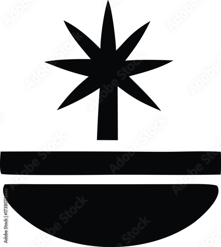 Abstract starburst tree symbol above horizon line and crescent moon shape minimalist silhouette graphic design