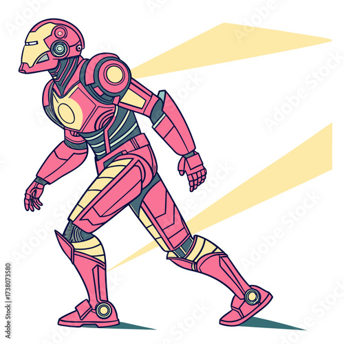 Pink and yellow humanoid robot in motion machine futuristic