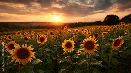 A field of sunflowers all facing a bright, setting sun. Unity, positivity, nature's beauty.