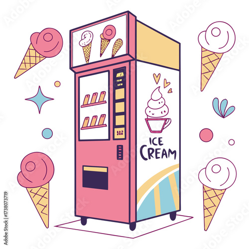 Pink ice cream vending machine with cones and stars