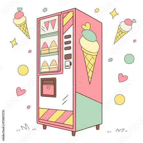 Pink ice cream vending machine with colorful design and ice cream cones