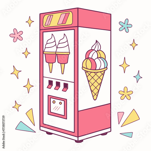 Pink ice cream vending machine with colorful cones and stars