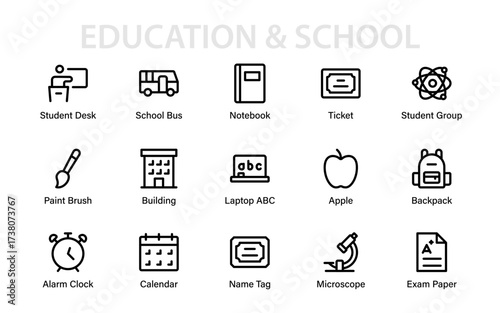 A versatile collection of education icons featuring exam paper, school bus, student desk, backpack, laptop, art brush, and more learning essentials.
