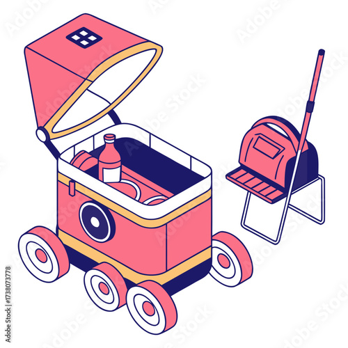 Pink robotic delivery cart with open lid and contents