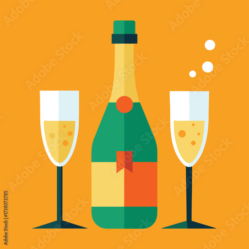Celebration with champagne bottle and two flutes filled with bubbly drink