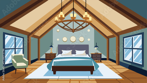 A master suite with a vaulted ceiling exposed wooden beams and a statement chandelier above the bed.