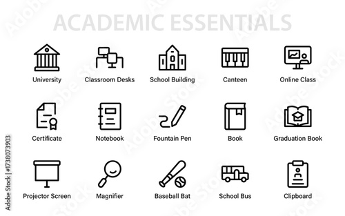 Academic Essentials Icon Set featuring school bus, projector, graduation book, classroom desks, university, certificate, notebook, and online class icons