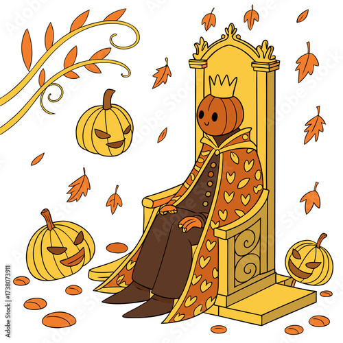 Pumpkin King sitting on golden throne surrounded by jack o lanterns and autumn leaves
