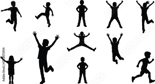 Children silhouette, cad drawing flat vector illustration, playful kids, jumping pose, active movement, black figures, childhood activity, energetic posture