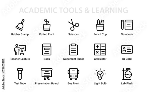 Academic Tools & Learning Icons – Education vector set featuring lab flask, test tube, presentation board, teacher lecture, books, and stationery items.
