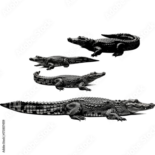 Four crocodiles isolated on white background, different sizes and poses