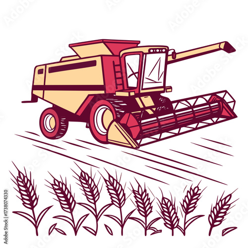 Red and yellow combine harvester in wheat field vector
