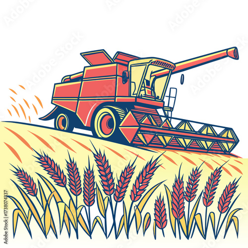 Red and yellow combine harvester in a field of wheat