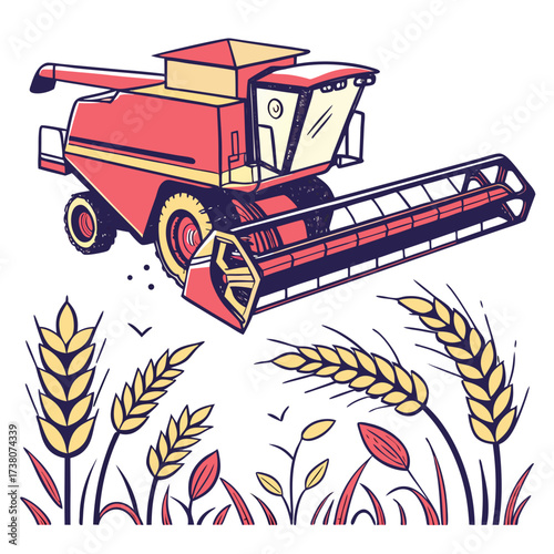 Red and yellow combine harvester in wheat field vector illustration