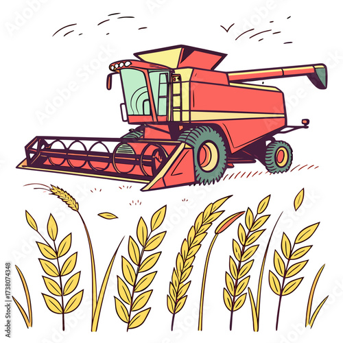 Red and yellow combine harvester in a field of wheat 1