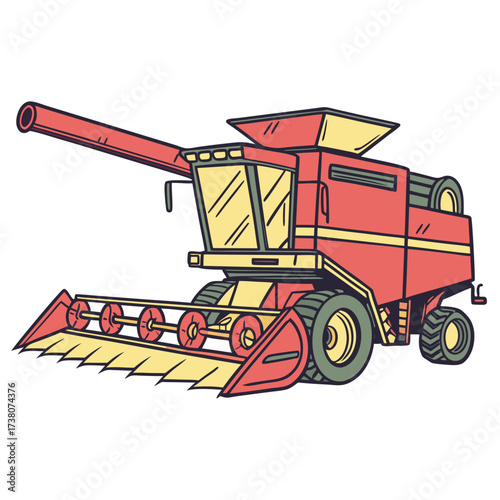 Red and yellow combine harvester vector illustration