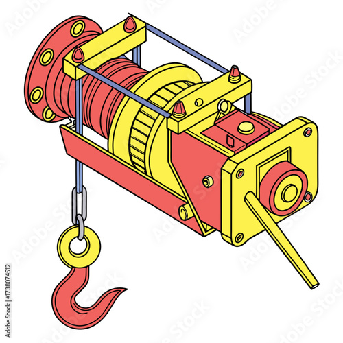 Red and yellow industrial winch with hook engine part