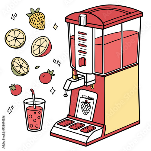 Red and yellow juice dispenser with fruits and drink