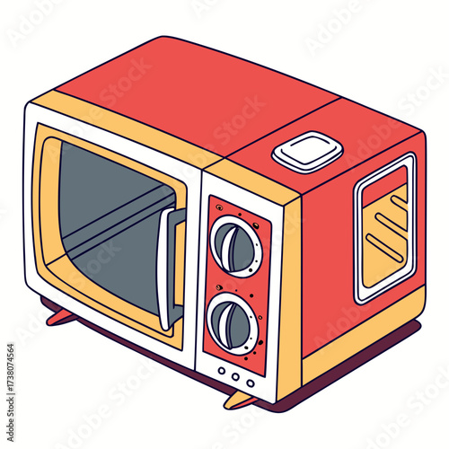 Red and yellow isometric microwave oven vector illustration