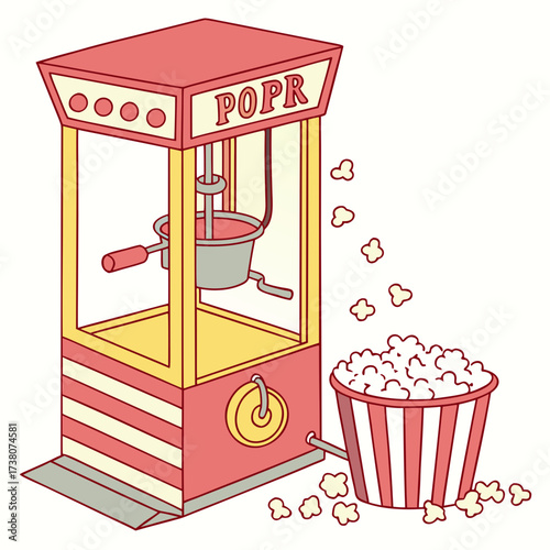 Red and yellow popcorn machine with striped bucket