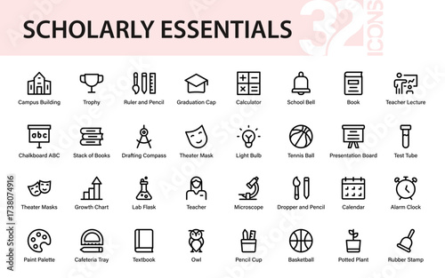 Scholarly Essentials Icon Set featuring education, science, art, sports, and classroom symbols for learning, research, teaching, and academic creativity
