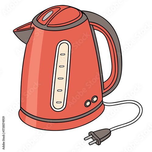 Red electric kettle with water level indicator and power cord
