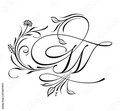 A decorative monogram W featuring intertwined with floral elements in black and white design style