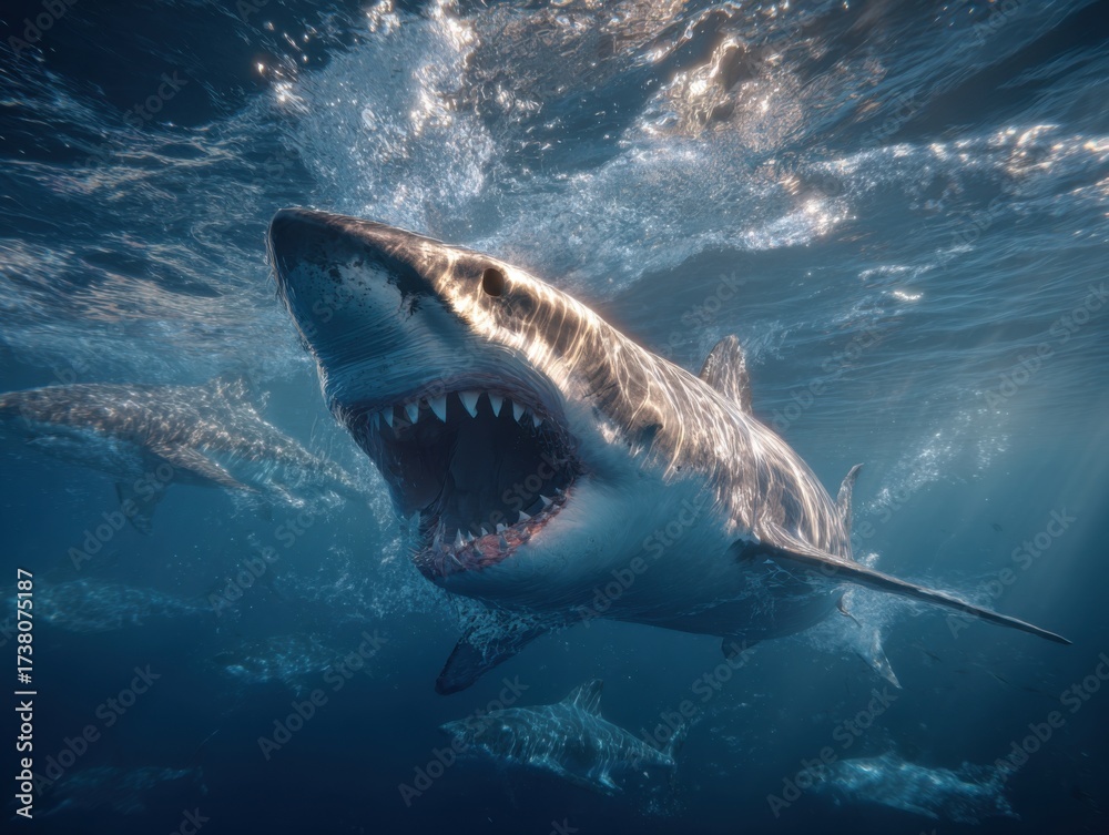 Obraz premium Great white shark swimming in ocean water with open mouth, showcasing sharp teeth near smaller fish in natural habitat