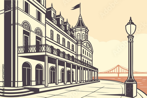 Port Canaveral in Florida, massive cruise ships docked with rockets from nearby space center visible