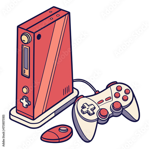 Red video game console with joystick and controller