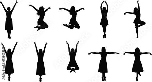 Dance silhouette poses, expressive human movement, black vector figures, choreography icons, dynamic body gestures, cad drawing flat vector illustration