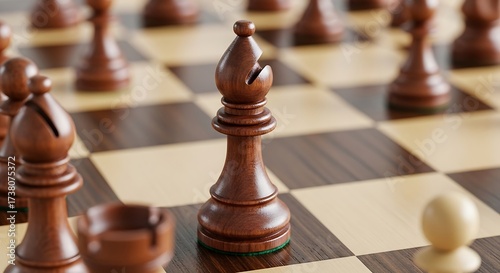 Detailed close-up of a wooden chess set on a checkered board surface
