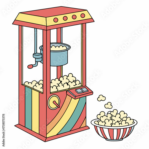 Red yellow blue popcorn machine with bowl of popcorn