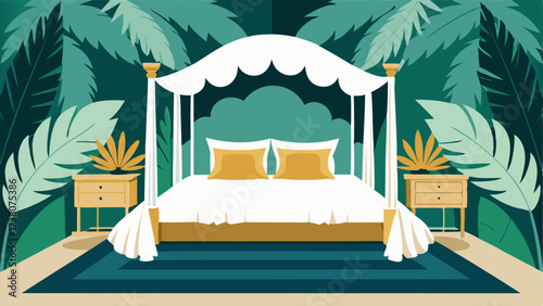 A luxurious master suite with a fourposter bed a plush white area rug and tropical leaf print wallpaper.
