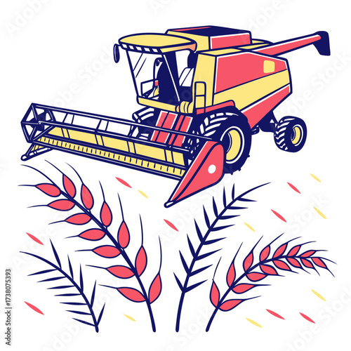 Red yellow combine harvester and wheat stalks vector illustration