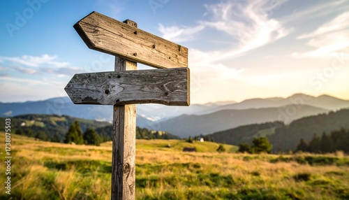 Wooden signpost in a meadow, pointing directions, mountains in the background