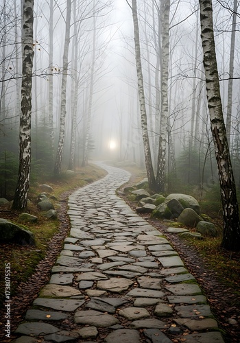A misty forest path winds through ancient stone paving, bathed in a soft, ethereal light.