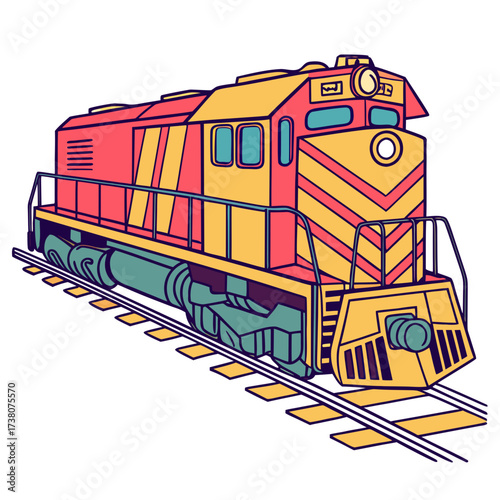 Red yellow teal diesel train engine on tracks locomotive