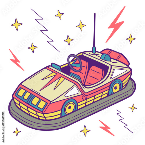 Retro bumper car with lightning bolts and stars vintage