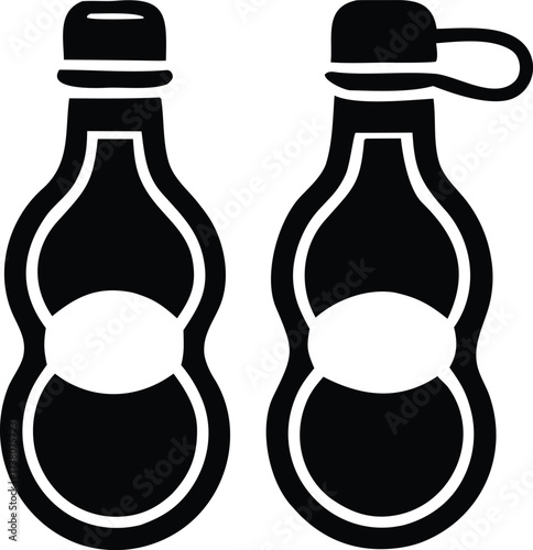 Two black outline silhouette bottles with labels for sauces condiments or drinks simple graphic element representing food packaging
