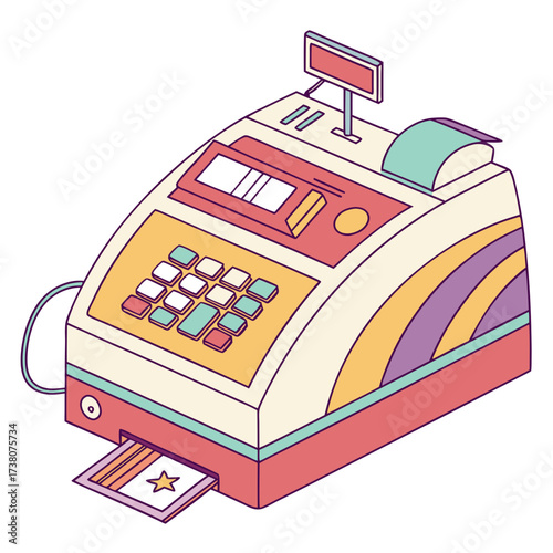 Retro cash register with colorful stripes and receipt