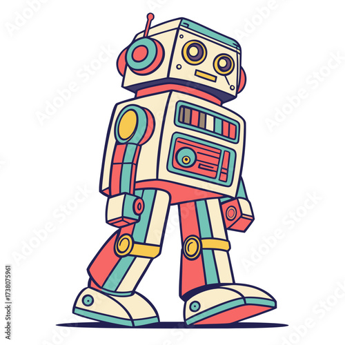 Retro robot walking with coral teal and cream colors