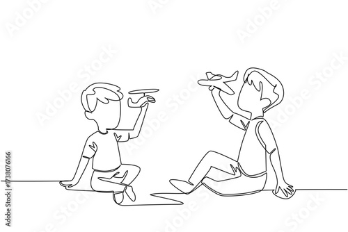 Single continuous line drawing two brothers sitting and playing together on the floor. Playing the same game because of the same toy hobby. Happy. Day of Brother. One line design vector illustration