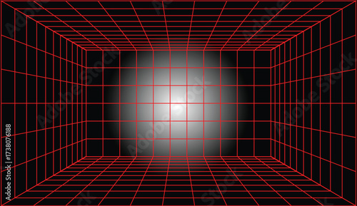 Futuristic digital grid room with glowing blue lines and bright light center on dark background