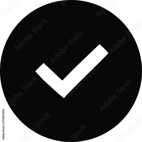 Simple black circle with white check mark icon for approval confirmation selection success status and verification
